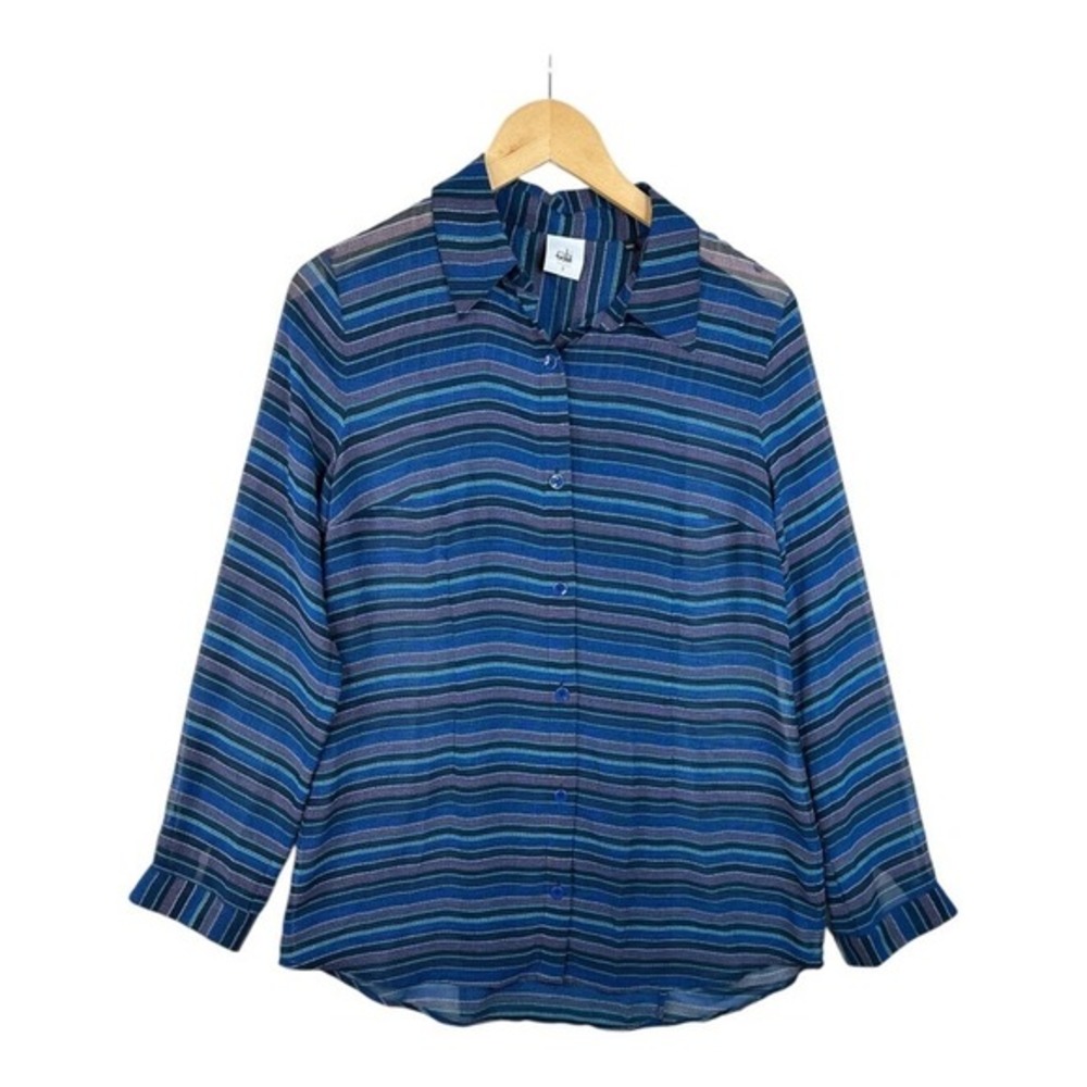 cabi Women's Alex Blouse Button Down Stripe Sheer Style Size Small Blue‎